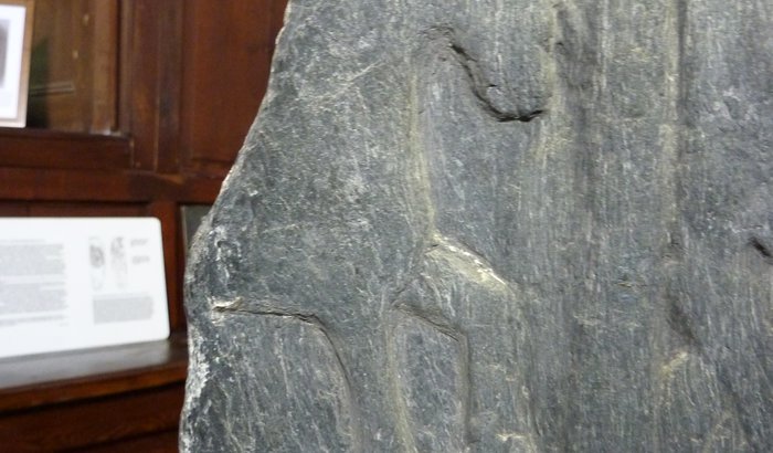 A detail on one of the crosses, showing the outline of Grani, the horse provided to the mythological hero Sigurd by Odin, the king of the pagan gods