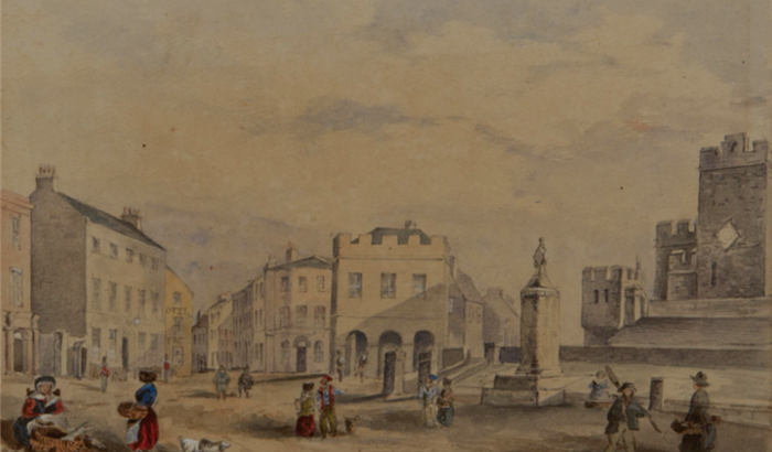 Castletown Square, 1852. A delicate watercolour of Castletown Square with No. 1 Market Square and Castle Rushen in the background, and the market with local people in the foreground.